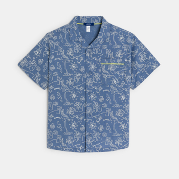 قميص بأكمام قصيرة مزين برسوم، باللون الأزرق، للأولاد